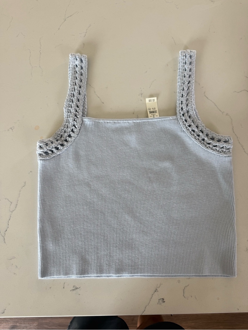 Light Blue Knit Cropped Tank Top with Crochet Straps AMERICAN EAGLE NWT